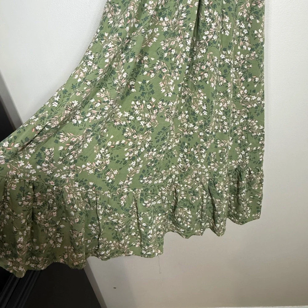 AUW Womens Floral Cottagecore Midi Dress Size M Green Ruffle Hem Spaghetti Strap - Picture 5 of 9